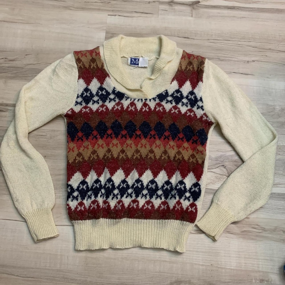 Vintage 70s Meg Argyle Knit Sweater Cream Red Blue Shawl Collar Small